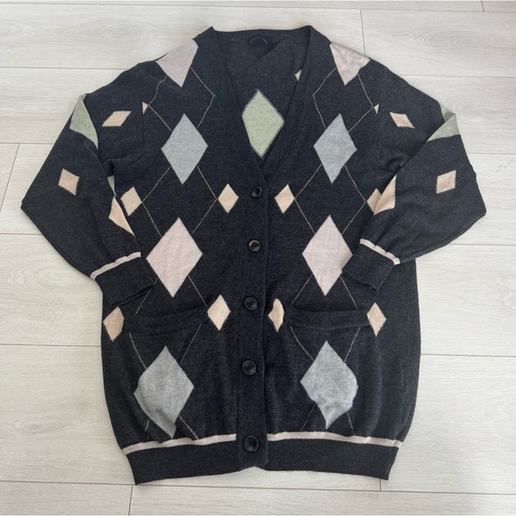 Bogner 100% Wool Knit Argyle Geometric Long Sweater Cardigan Size 10 - Picture 5 of 11